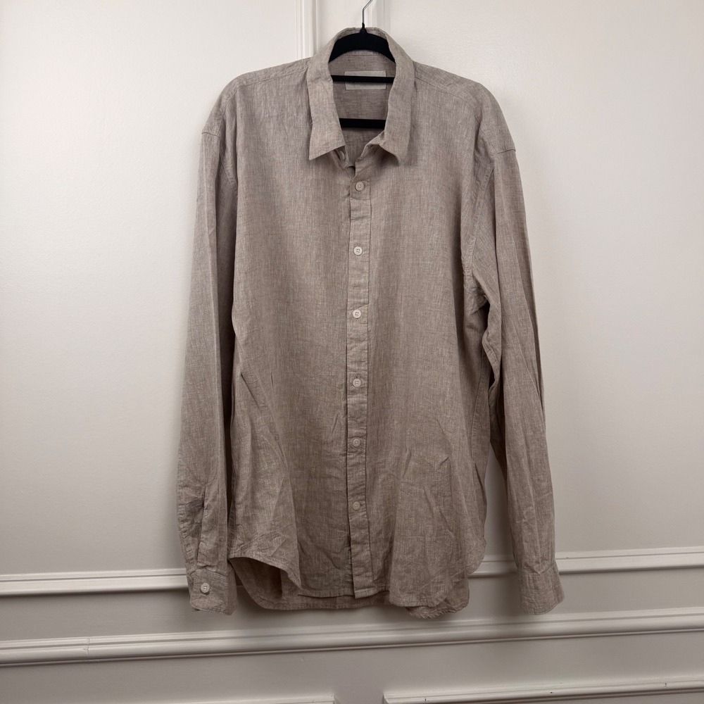 COASTAORO Mens Linen Cotton Blend Long Sleeve Button Up Shirt Tan Large